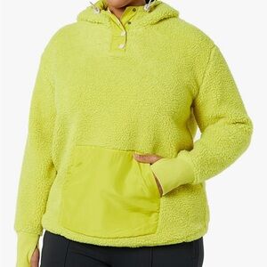 Amazon Essentials Womens Bright Green Teddy Fleece Quarter Button Hoodie Sweater